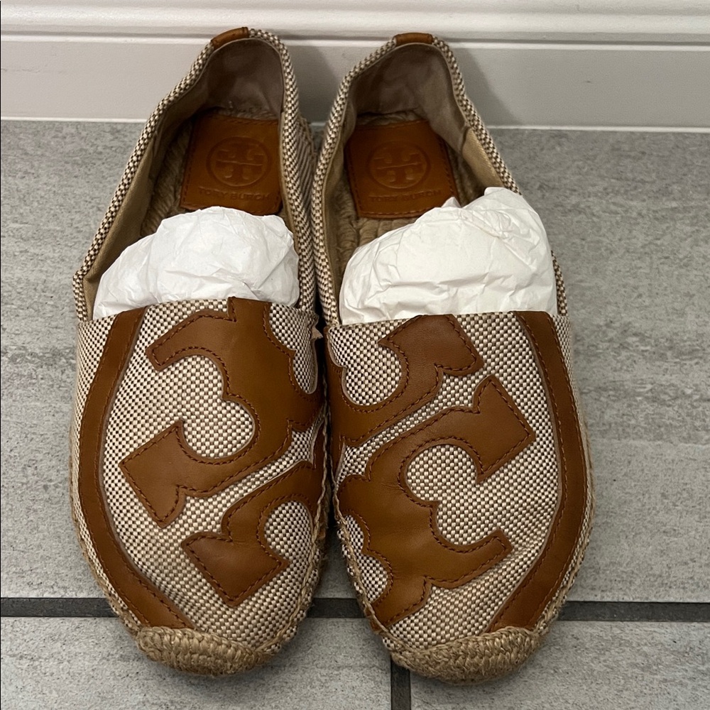 Tory Burch Tan and Beige Logo Canvas Slip-On Espadrilles